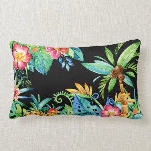Almofada Lombar Palmeiras tropicais e aquarela floral preta