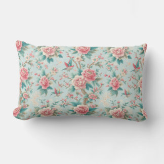 Almofada Lombar Pássaro Floral Chinoiserie Elegante Rosa e Aqua