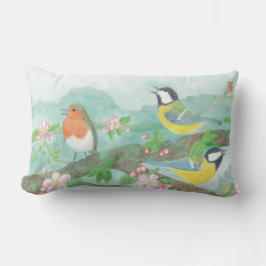 Almofada Lombar Pássaros cantando em um galho de árvore florescent