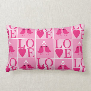 Almofada Lombar Pássaros de Amor e Corações Rosa Verificados
