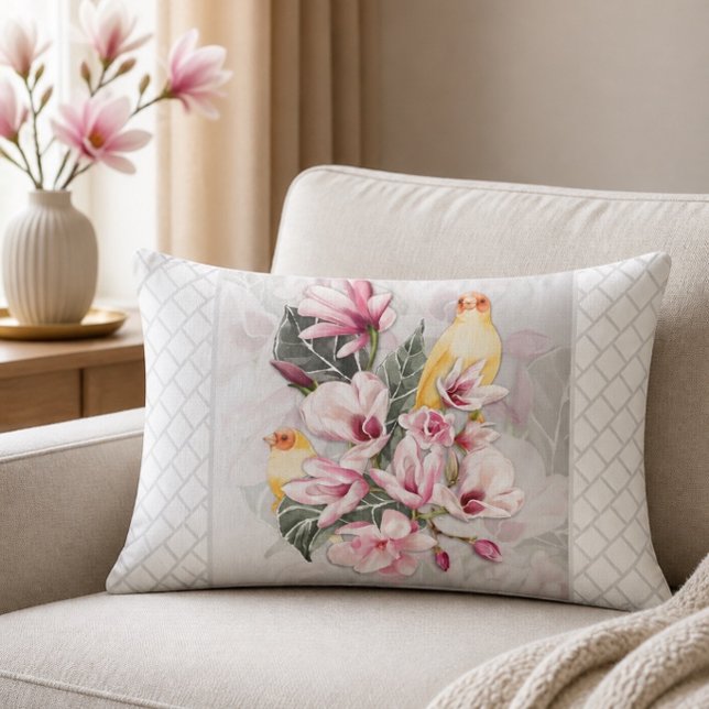 Almofada Lombar Pássaros e Flores de Magnólia Rosa (Criador carregado)