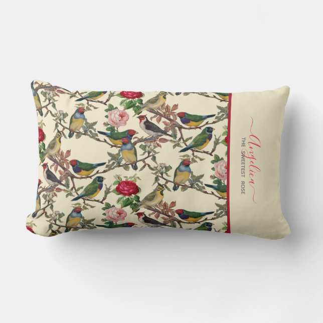 Almofada Lombar Pássaros e Rosas mais doces da colheita de Rosa (Frente)