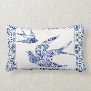Almofada Lombar Pássaros Engolir Azul Chinoiserie Floral Vintagem
