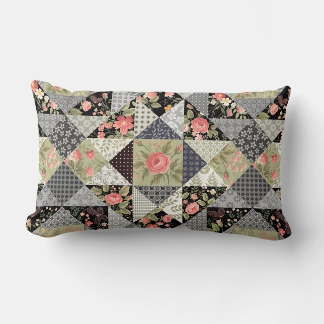 Almofada Lombar Patchwork Padrão Butterflies Flores Foliage Rosa (Frente)