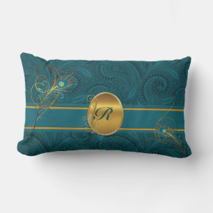 Almofada Lombar Peacock Teal Monograma com Dourado frente e verso