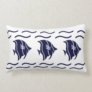 Almofada Lombar Peixe azul marinho e ondas num TRAVESSEIRO branco