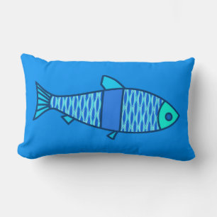 Almofada Lombar Peixes Retro Modernos, Turquesa e Azul Ceruleano