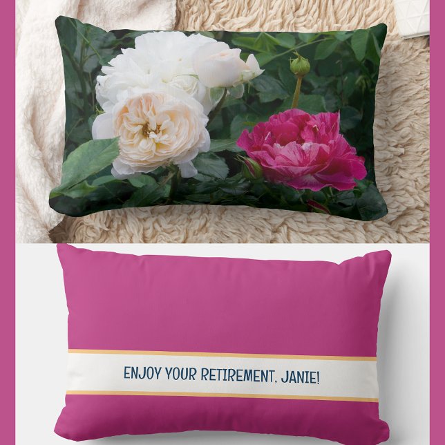 Almofada Lombar Personalizado Aproveite seus Rosas de Colaborador  (Modern, elegant Enjoy Your Retirement personalized pillow. Photo of cream & streaked pink roses)