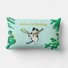 Almofada Lombar Personalizado Verde 1º Aniversário Gato Folhagem I