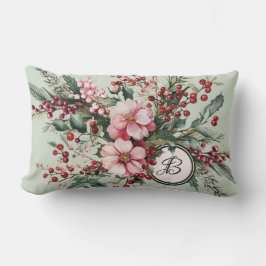 Almofada Lombar Pink Christmas Watercolor Floral Elegant Monogram