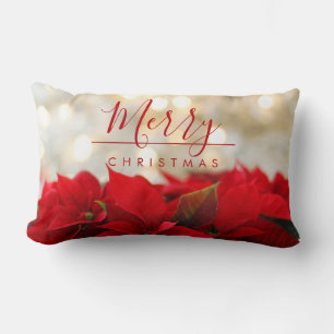 Almofada Lombar Poinsétias vermelhas com Natal dourado de Bokeh