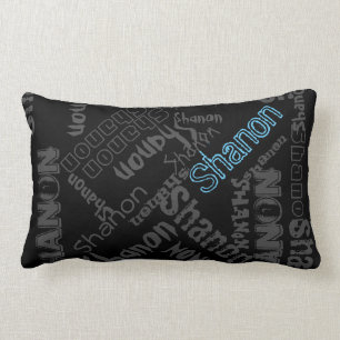 Almofada Lombar Preto, Azul Gelo, Colagem do Nome da Travesseiro d