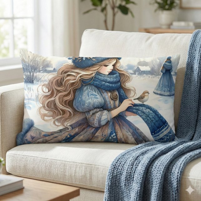 Almofada Lombar Princesa Fantástica de inverno em Terras Fairítala (Winter Fantasy Princess in a Snowy Fairytale Lands Lumbar Pillow Mockup A)