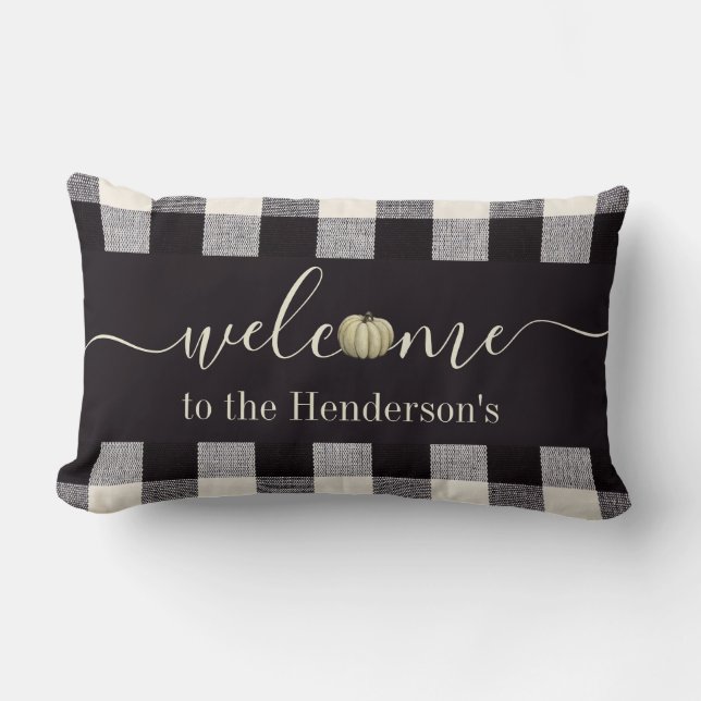 Almofada Lombar Queda Farmhouse Gingham Pumpkin Bem-vindo Nome da  (Frente)