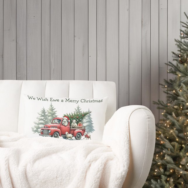 Almofada Lombar Rastreio Russo Vermelho Ovino (We Wish Ewe a Merry Christmas, vintage red truck lumbar pillow)