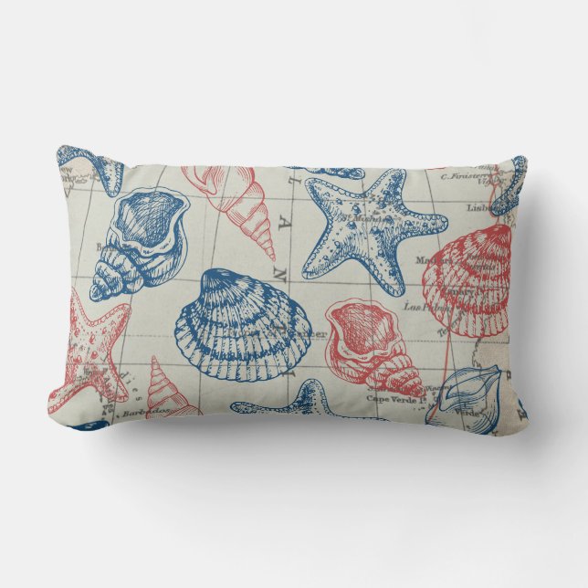 Almofada Lombar Red Blue Nautical Map Sailing Ship (Frente)