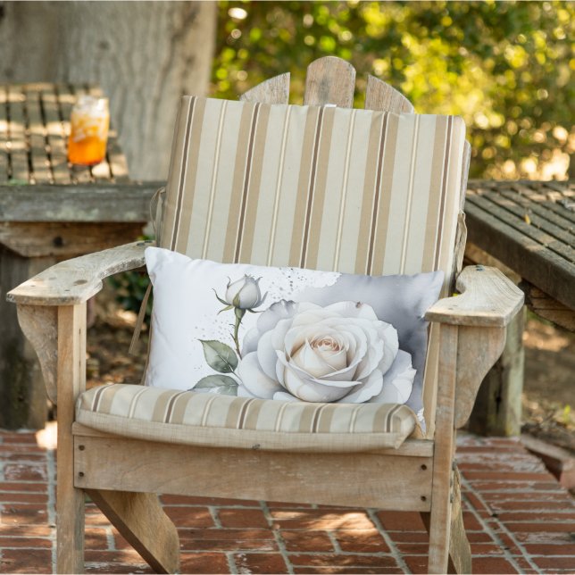 Almofada Lombar Rosa Branca e Rosebud, Folhas de Prata (Cadeira)