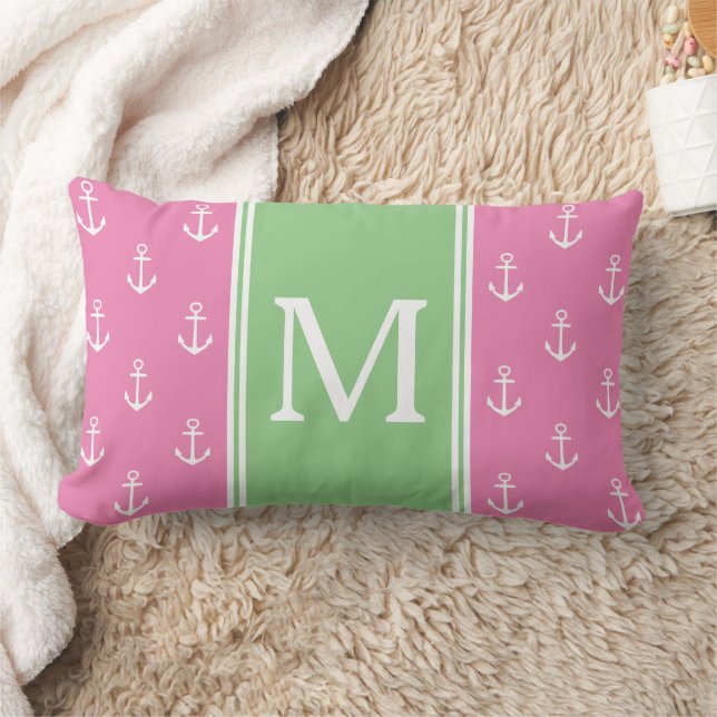 Almofada Lombar Rosa e Verde Préppy Com Monograma de Âncoras Branc (Cobertor)