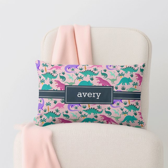 Almofada Lombar Rosa | Nome das Crianças de Padrão de Dinossauro C (Criador carregado)