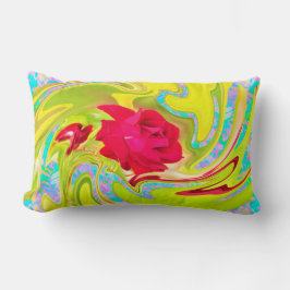 Almofada Lombar Rosa vermelha abstrato em espiral amarela e aqua