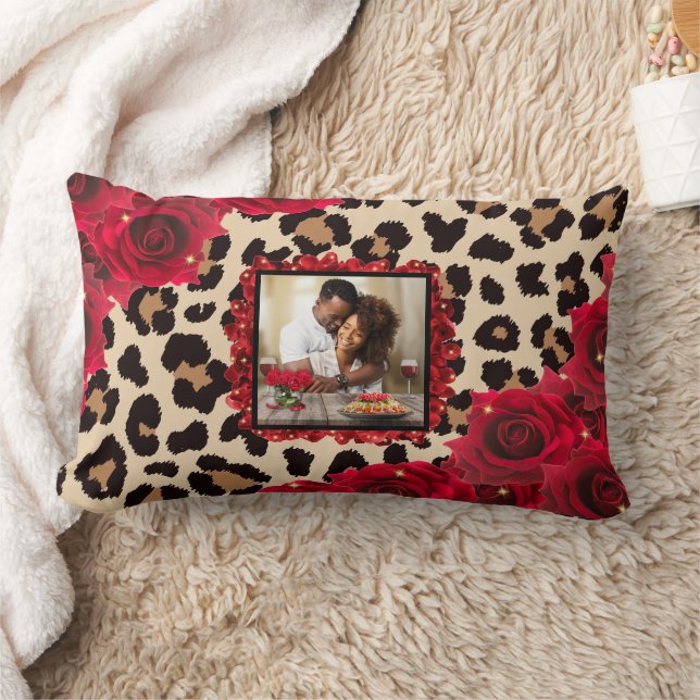 Almofada Lombar Rosa vermelha Floral Chic Leopard Imprima Sua Foto (Cobertor)
