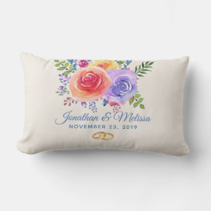 Almofada Lombar Rosas Coloridos Casamento Floral de Watercolor