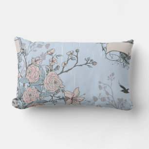 Almofada Lombar Rosas cor-de-rosa e estilo asiático em azul