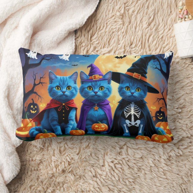 Almofada Lombar Russo Blue Cats Pumpkin Halloween Engraçado (Cobertor)