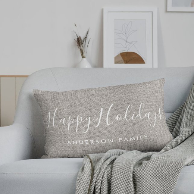 Almofada Lombar Rustic Burlap Happy Holidays Nome Da Família (Criador carregado)