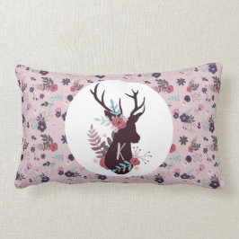 Almofada Lombar Rustic Deer Head Mauve Floral Monograma Inicial