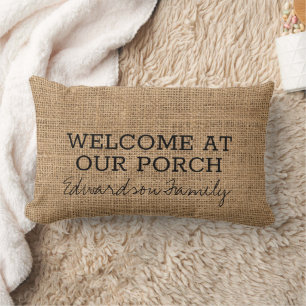 Almofada Lombar Rustic Faux burlap bem-vindo nome da família da va