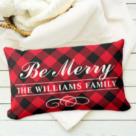 Almofada Lombar Seja Alegre Plaid Buffalo Vermelho Família Monogra