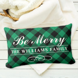 Almofada Lombar Seja Alegre Plaid Verde Búfalo Família Monograma