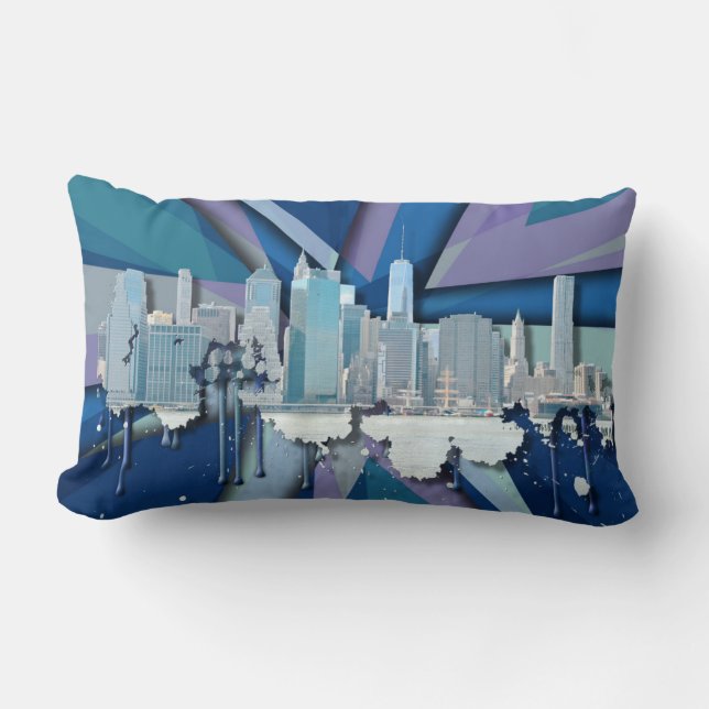 Almofada Lombar Skyline | 3D azul da Nova Iorque (Frente)