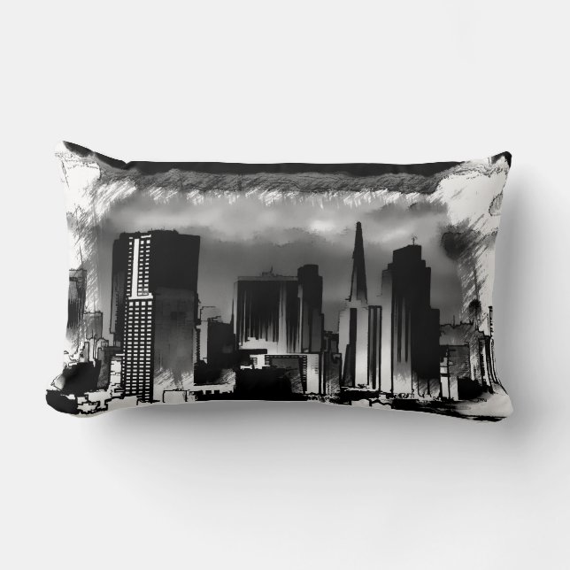 Almofada Lombar Skyline Sketch Chicago em preto e branco (Frente)