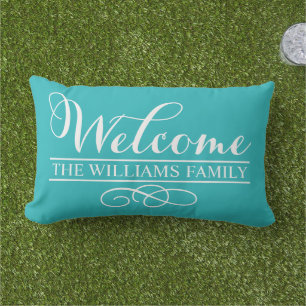 Almofada Lombar Sobrenome Personalizado Turquoise Azul de Boas-Vin