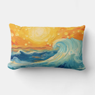 Almofada Lombar Sol e ondas de pintura a óleo costeiro