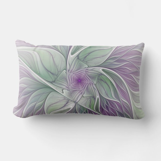 Almofada Lombar Sonho de Flor, Arte Fractal Abstrata Roxa Verde (Frente)
