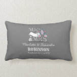 Almofada Lombar Sra. e Sra. Personalizada Gift de Casamento Lésbic<br><div class="desc">Um presente especial de casamento num dia especial para o casal lésbico feliz; este design bonitinho, "MRS e MRS." com um par fofo de pássaros e casinha de pássaros em rosa e azul. Não se esqueça de personalizá-lo com a data do casamento e seus nomes e sobrenomes para aquele toque...</div>