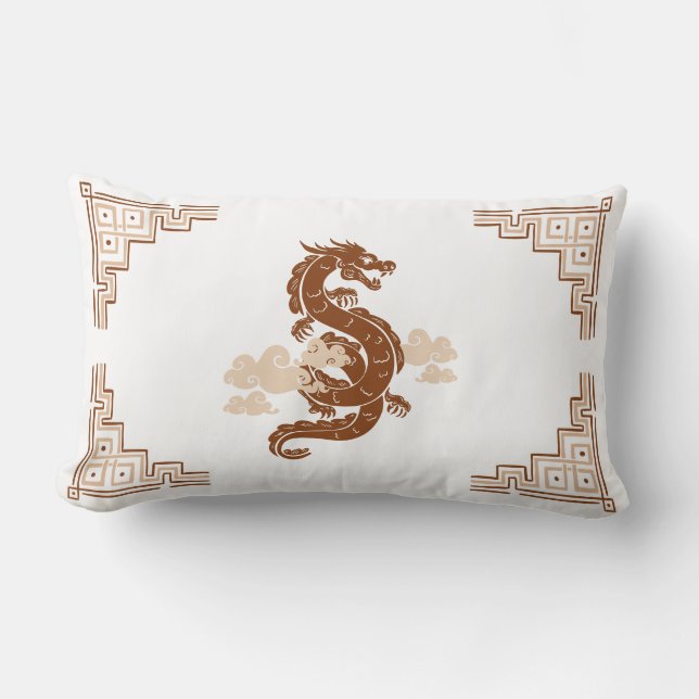 Almofada Lombar Tan Brown Chinoiserie Dragon e Nuvens (Frente)