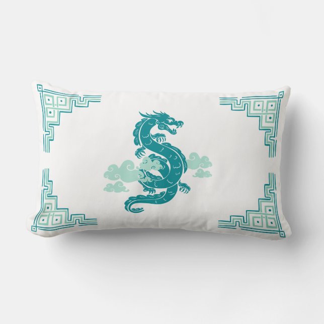 Almofada Lombar Teal Chinoiserie Dragon e Nuvens (Frente)