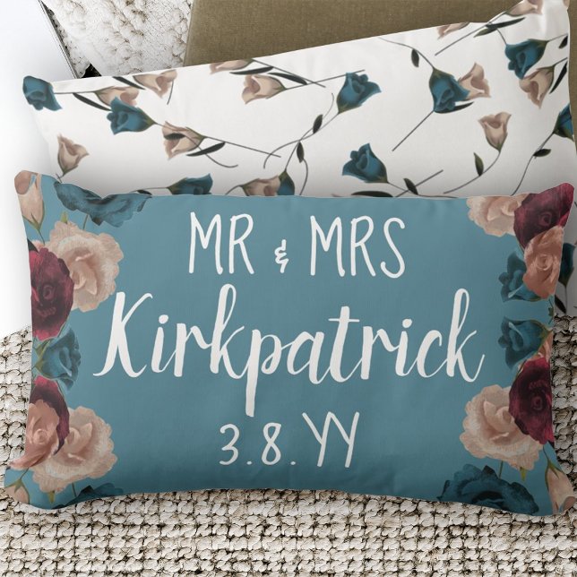 Almofada Lombar Teal Green, Beige, Rosas de Casamento Burgundy Rec (Teal Flowers Burgundy Roses Beige Botanical Throw Pillow for Newlywed Couple Names Bride Groom)