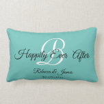 Almofada Lombar Teal Monograma Feliz Para Sempre<br><div class="desc">Elegante Teal Monograma Feliz Para Sempre Após travesseiro Lumbar</div>