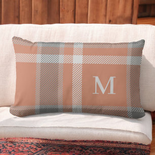Almofada Lombar Terracotta e Cinza Tartan Xadrez com Monograma