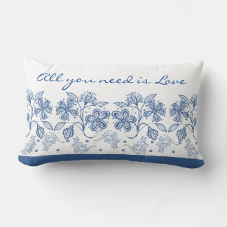 Almofada Lombar Texto romântico do amor Indigo Blue Floral Border