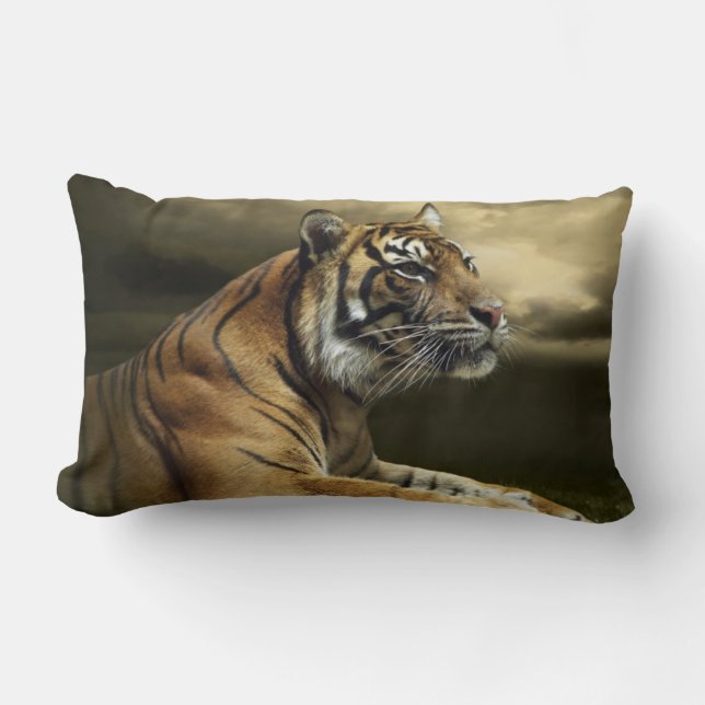 Almofada Lombar Tigre que olha e que senta-se sob o céu dramático (Frente)