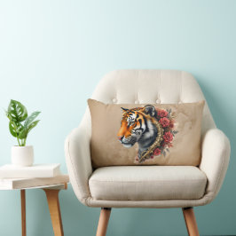 Almofada Lombar Tigre Steampunk com Ilustração de Rosas.