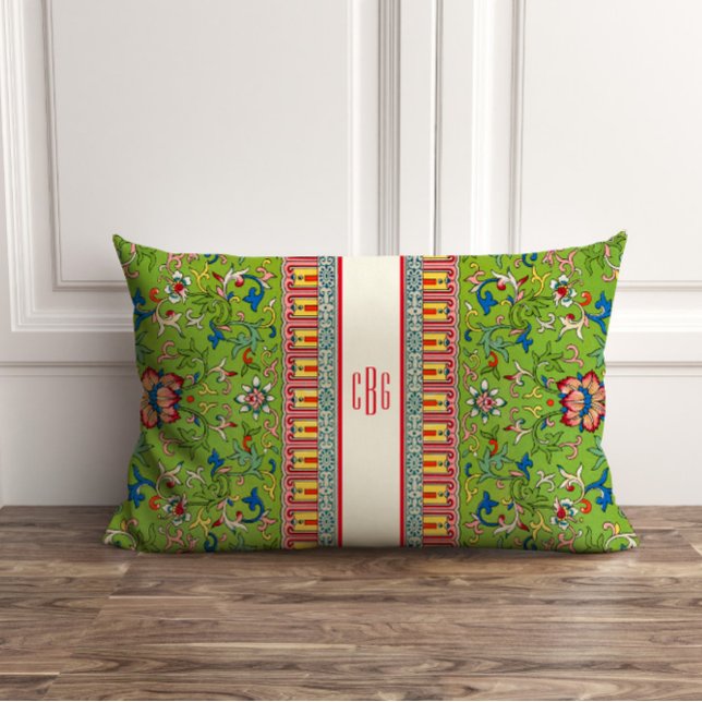 Almofada Lombar Travesseiro Clássico de Chinoiserie Verde com Mono (Criador carregado)