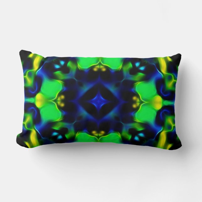 Almofada Lombar Travesseiro com Design Fractal Verde e Azul Brilha (Frente)