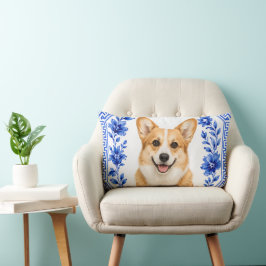 Almofada Lombar Travesseiro Corgi Azul e Branco Chinoiserie